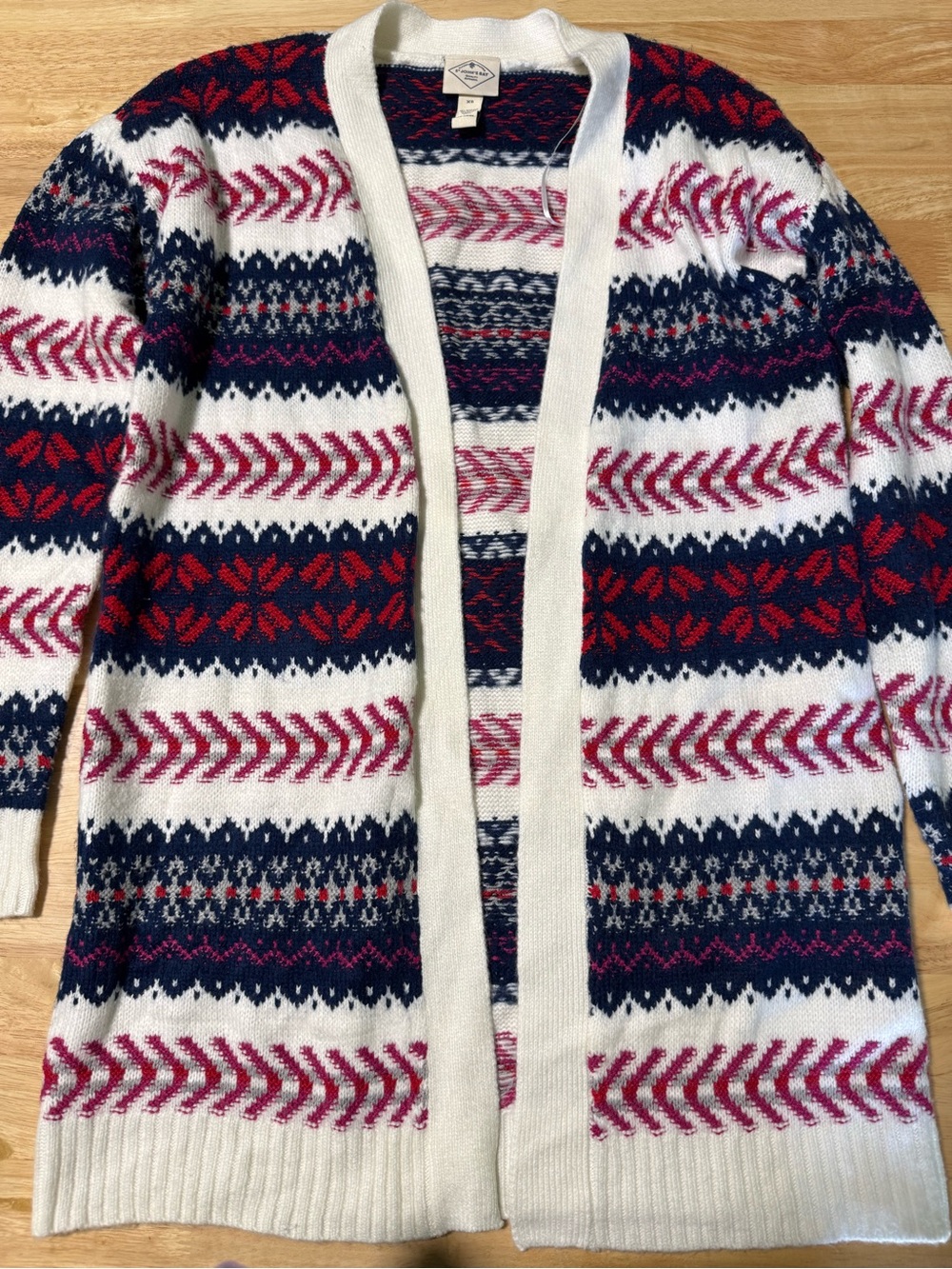 St. John’s Bay Women’s Fair Isle Open Front Cardigan Sweater XS Red Blue White